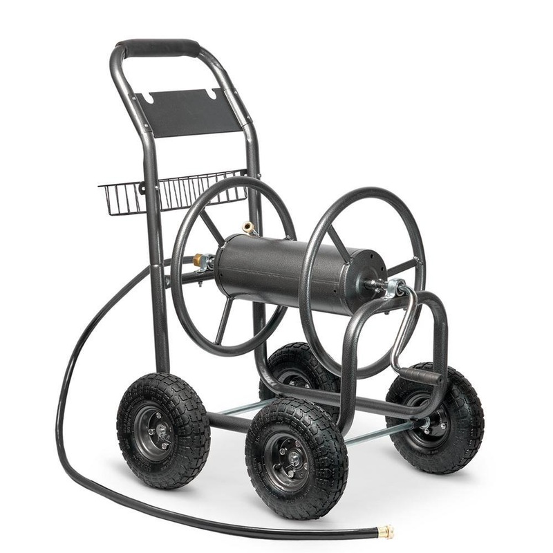 XtremepowerUS 96033-H 300 ft. Garden 4-Wheel Mobile Hose Reel Cart with 6 ft. Leading Hose, Crank Handle & Storage Basket | Bigbigmart.com