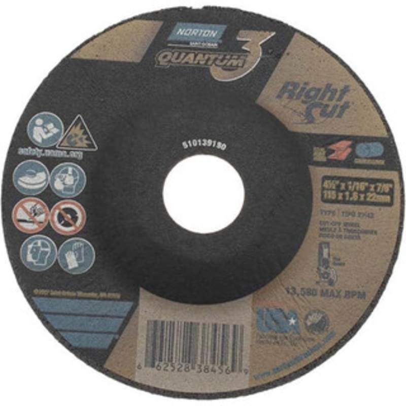 Norton 36 Grit, 4-1/2 Wheel Diam, 1/16 Wheel Thickness, 7/8 Arbor Hole, Type 27 Depressed Center Wheel Coarse Grade, Ceramic Alumina, Resinoid Bond, 13,580 Max RPM 66252838456 – 31584774