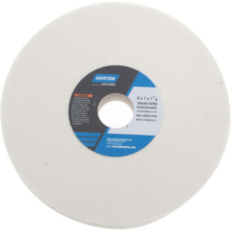 Norton 8 Diam x 1-1/4 Hole x 1 Thick, I Hardness, 60 Grit Surface Grinding Wheel Aluminum Oxide, Type 1, Medium Grade, 3,600 Max RPM, Vitrified Bond, No Recess 66253044456 – 05977202