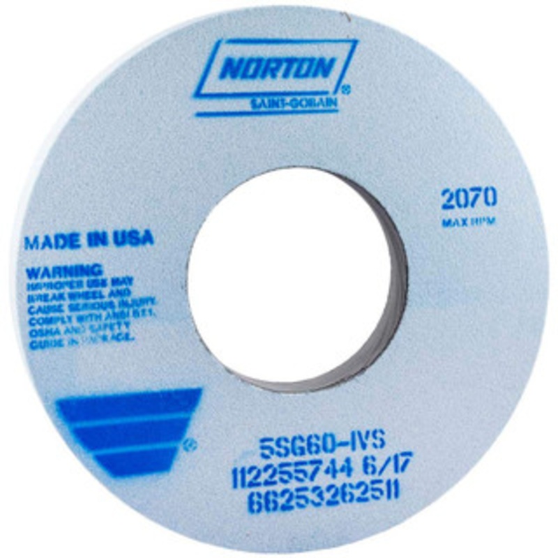 Norton 12 Diam x 5 Hole x 1 Thick, J Hardness, 46 Grit Surface Grinding Wheel Ceramic, Type 1, Coarse Grade, 2,070 Max RPM, Vitrified Bond, No Recess 66253262509 – 01879253