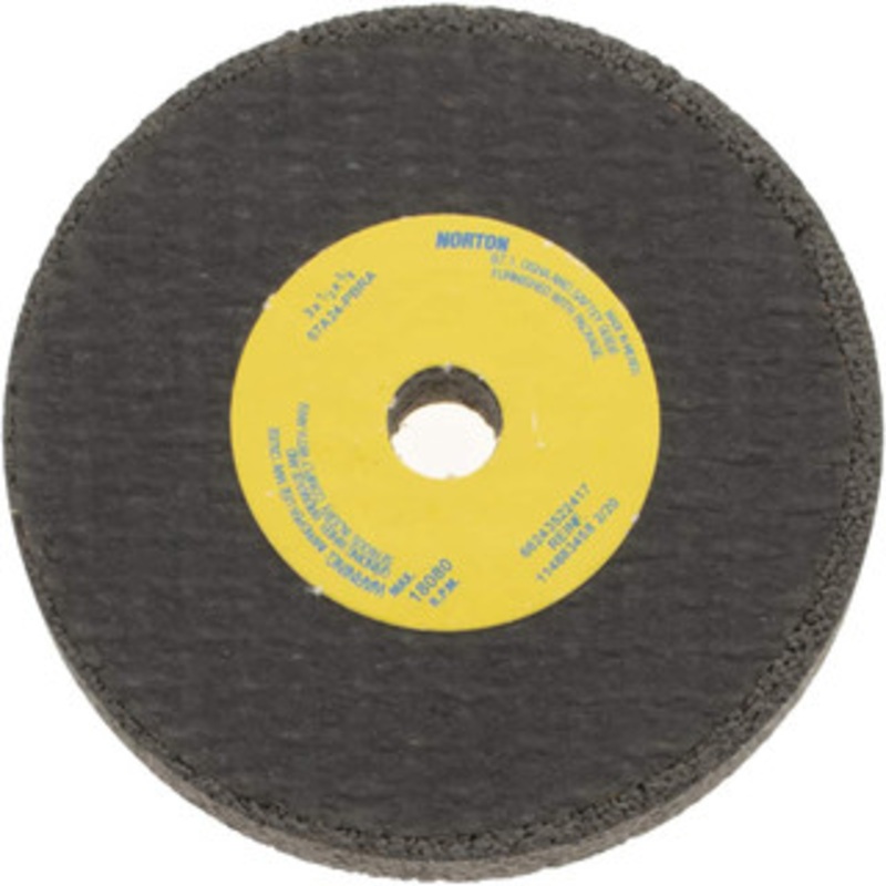 Norton 3 Diam x 3/8 Hole x 1/2 Thick, P Hardness, 24 Grit Surface Grinding Wheel Aluminum Oxide, Type 1, Very Coarse Grade, 18,080 Max RPM, No Recess 66243522417 – 94369683