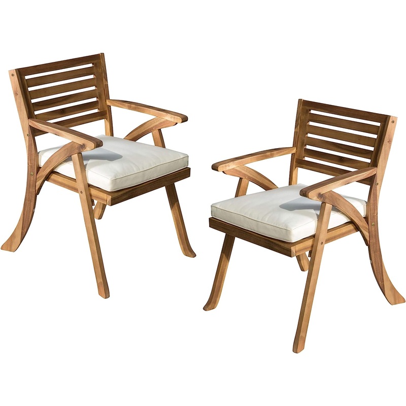 Christopher Knight Home Hermosa Outdoor Acacia Wood Arm Chairs, 2-Pcs Set, Teak Finish / Cream | Bigbigmart.com
