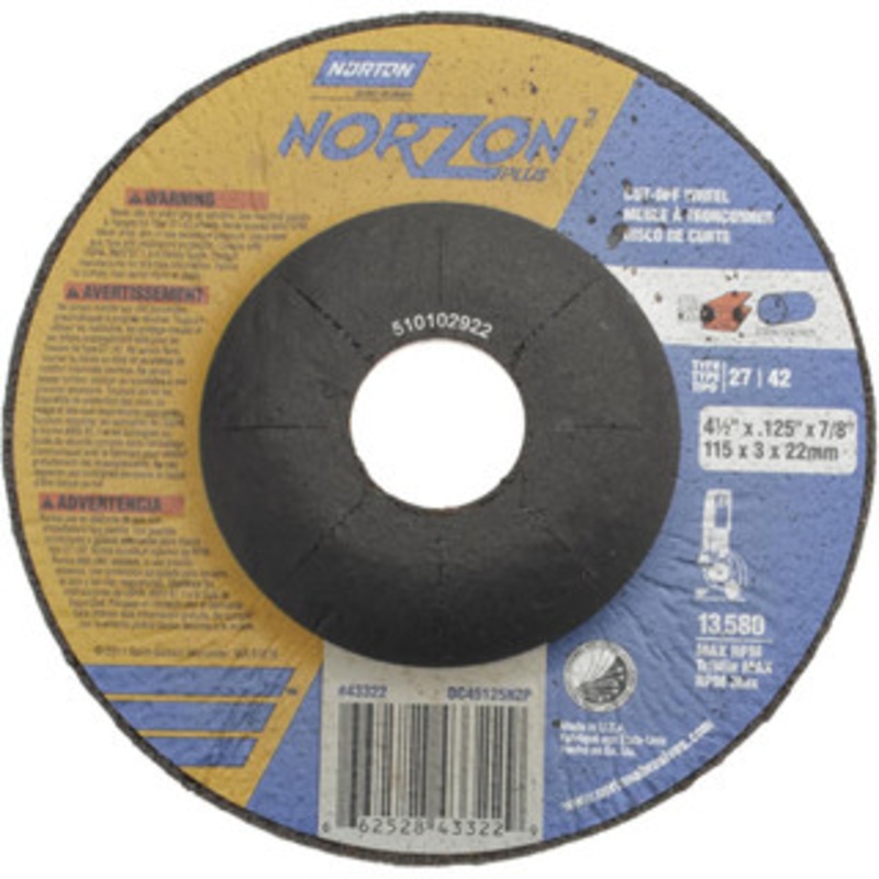 Norton 36 Grit, 4-1/2 Wheel Diam, 1/8 Wheel Thickness, 7/8 Arbor Hole, Type 27 Depressed Center Wheel Ceramic, 13,580 Max RPM 66252843322 – 58392200
