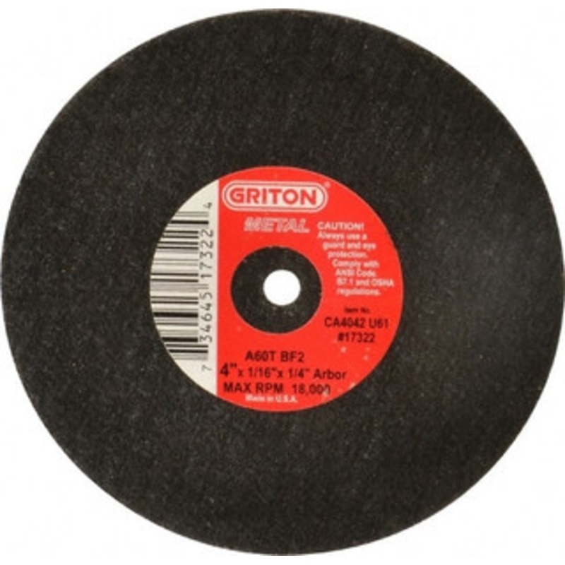 Value Collection 4 x 1/16, 1/4 Hole 60 Grit Aluminum Oxide Cutoff Wheel Medium Grade, Reinforced, 19,000 Max RPM, Use with Die Grinders CA4042U61 – 01102672