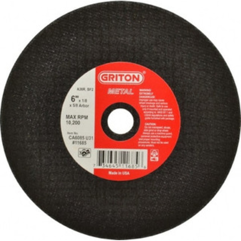 Value Collection 6 x 1/8, 5/8 Hole 36 Grit Aluminum Oxide Cutoff Wheel Very Coarse, Reinforced, 10,186 Max RPM, Use with Circular Saws CA6085U31 – 05865050