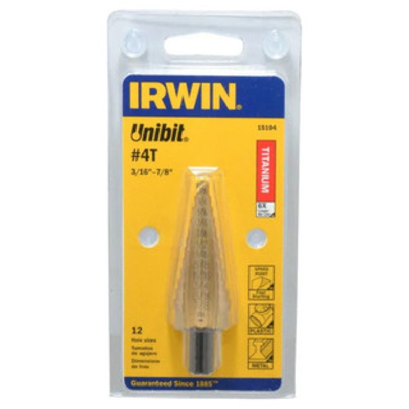 IRWIN Unibit Self-Starting Step Drill #15104, TiN Coated, 12 Hole Sizes, 3/16 to 7/8 Hole Dia. – 54-327-2