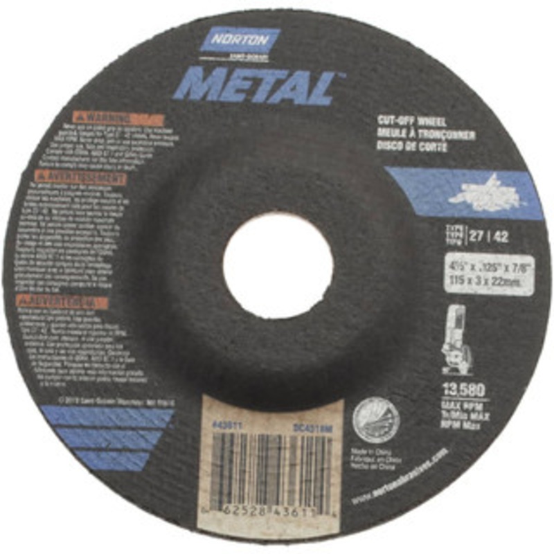 Norton 24 Grit, 4-1/2 Wheel Diam, 1/8 Wheel Thickness, 7/8 Arbor Hole, Type 27 Depressed Center Wheel Aluminum Oxide 66252843611 – 58391830