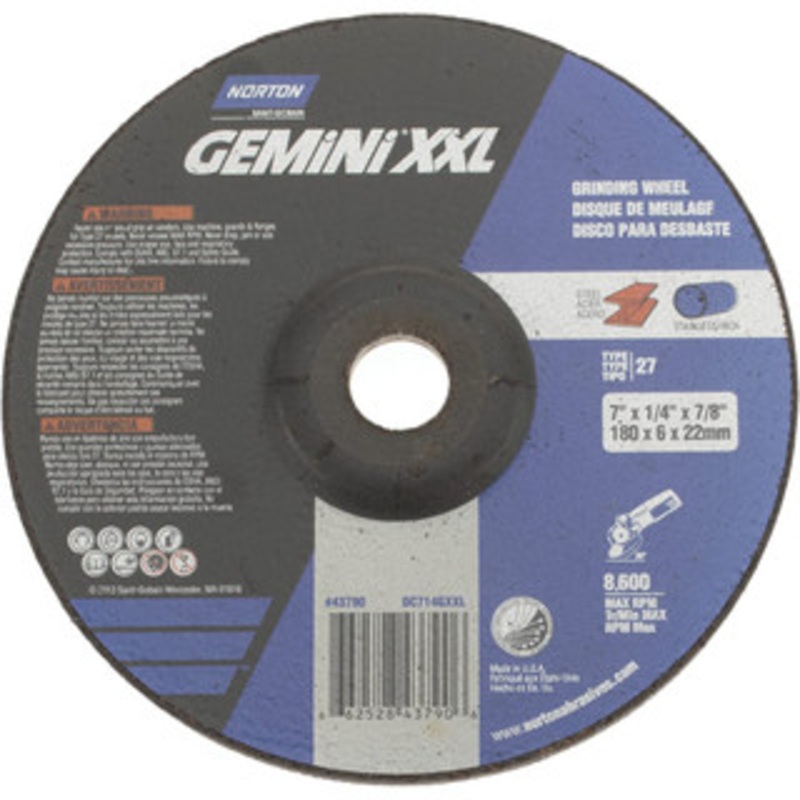 Norton 24 Grit, 7 Wheel Diam, 1/4 Wheel Thickness, 7/8 Arbor Hole, Type 27 Depressed Center Wheel Aluminum Oxide, 12,225 Max RPM 66252843790 – 92964311