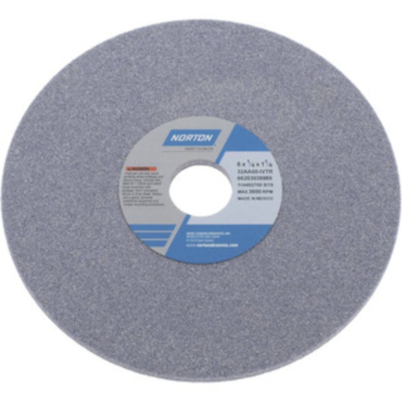 Norton 8 Diam x 1-1/4 Hole x 1/4 Thick, I Hardness, 60 Grit Surface Grinding Wheel Aluminum Oxide, Type 1, Medium Grade, 3,600 Max RPM, Vitrified Bond, No Recess 66253038889 – 05128236