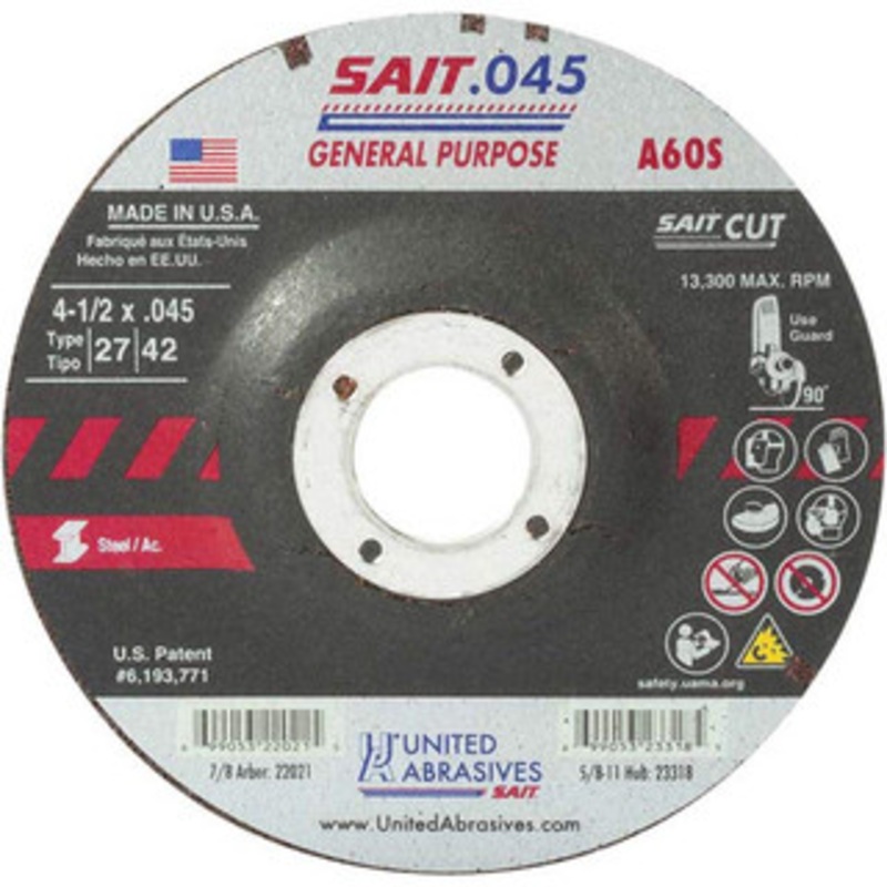 United Abrasives-SAIT 60 Grit, 4-1/2 Wheel Diam, 7/8 Arbor Hole, Type 27 Depressed Center Wheel Aluminum Oxide, Resinoid Bond, S Hardness, 13,300 Max RPM, Compatible with Angle Grinder 22021 – 61232302