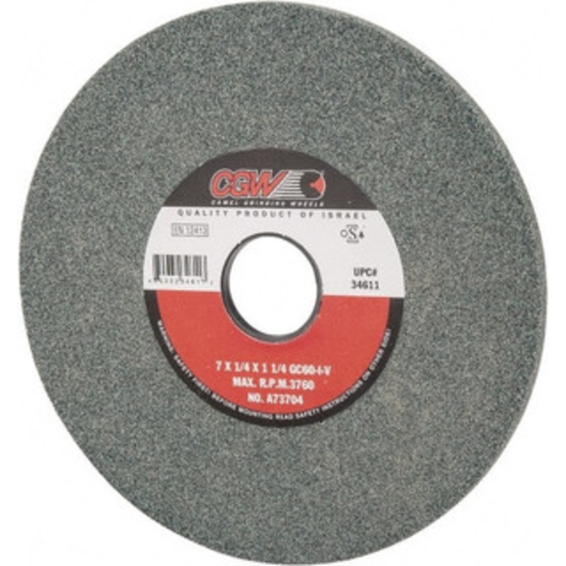 CGW Abrasives 7 Diam x 1-1/4 Hole x 1/4 Thick, I Hardness, 60 Grit Surface Grinding Wheel Silicon Carbide, Type 1, Medium Grade, 3,760 Max RPM, Vitrified Bond, No Recess 34611 – 09493123
