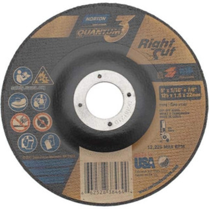 Norton 36 Grit, 5 Wheel Diam, 1/16 Wheel Thickness, 7/8 Arbor Hole, Type 27 Depressed Center Wheel Coarse Grade, Ceramic Alumina, Resinoid Bond, 12,225 Max RPM 66252838464 – 11279064