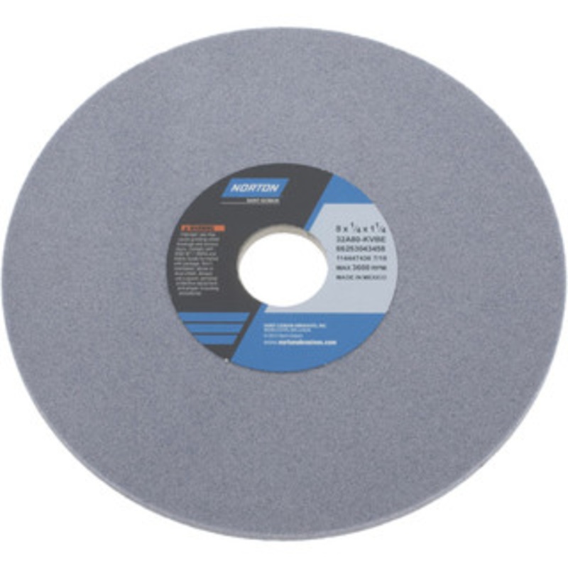Norton 8 Diam x 1-1/4 Hole x 1/4 Thick, K Hardness, 80 Grit Surface Grinding Wheel Aluminum Oxide, Type 1, Medium Grade, 3,600 Max RPM, Vitrified Bond, No Recess 66253043458 – 05975602