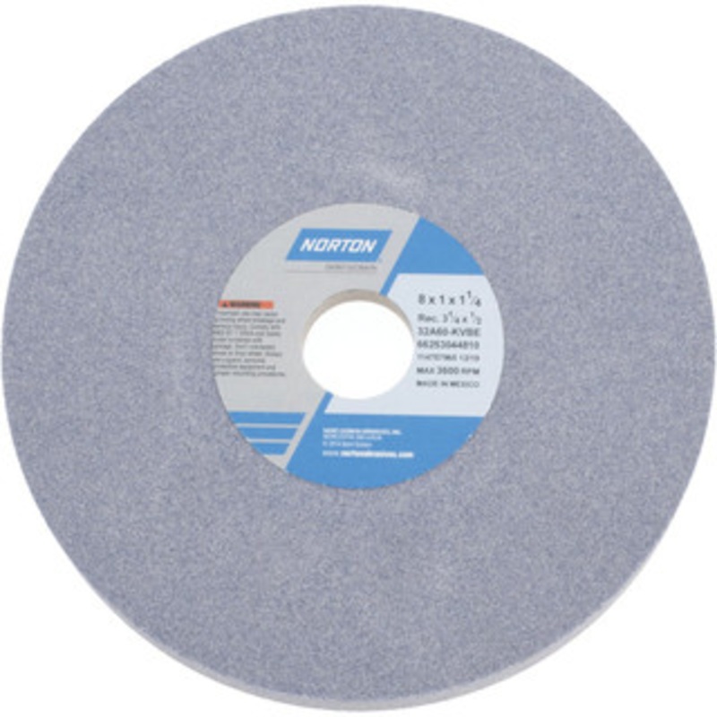 Norton 8 Diam x 1-1/4 Hole x 1 Thick, K Hardness, 60 Grit Surface Grinding Wheel Aluminum Oxide, Type 5, Medium Grade, 3,600 Max RPM, Vitrified Bond, One-Side Recess 66253044810 – 94532124