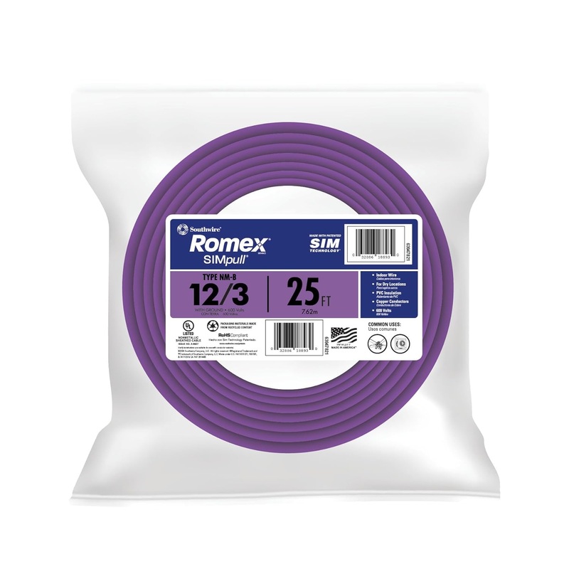 Southwire Romex SIMpull Residential Wire, 12 Gauge, 3 Conductor, 25 Ft, W/G NM-B Cable, Purple, 63947821 | Bigbigmart.com
