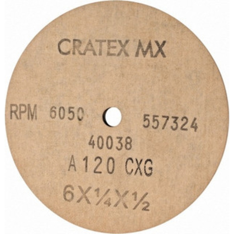 Cratex 6 Diam x 1/2 Hole x 1/4 Thick, 120 Grit Surface Grinding Wheel Aluminum Oxide, Type 1, Fine Grade, 6,050 Max RPM, No Recess 40038 – 64136195