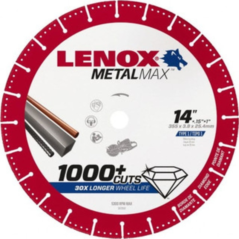 Lenox 14 x 0.15, 1 Hole 25/30 Grit Diamond Cutoff Wheel 5,300 Max RPM, Use with Gas Powered Saws 1972932 – 49596687
