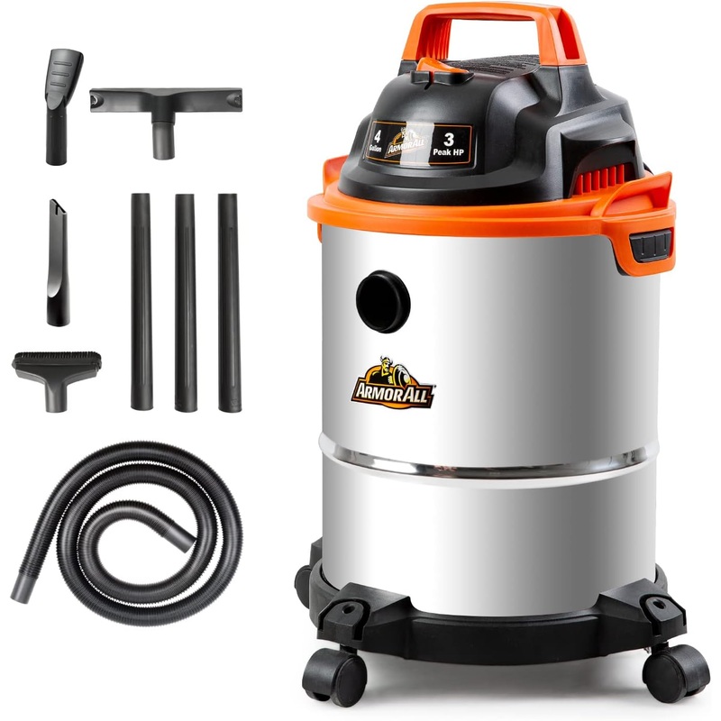 Armor All VO408S 0901 4 Gallon Wet/Dry Vac 3.0 Peak HP Shop Vacuum with 3 Nozzles and 1 Brush, Stainless Steel Tank, Orange | Bigbigmart.com