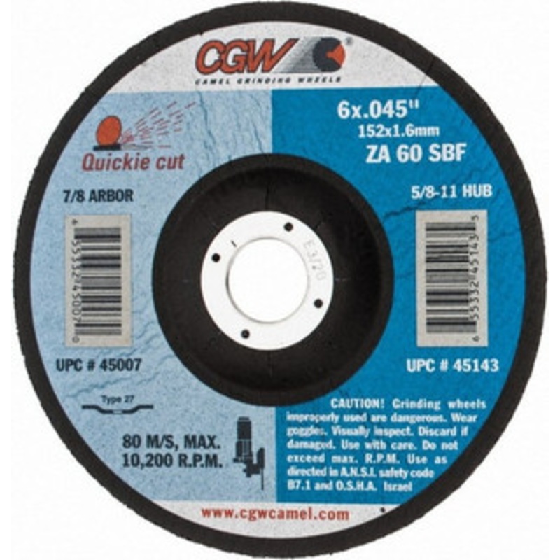 CGW Abrasives 60 Grit, 6 Wheel Diam, 7/8 Arbor Hole, Type 27 Depressed Center Wheel Zirconia Alumina, Resinoid Bond, S Hardness, 10,200 Max RPM, Compatible with Angle Grinder 45007 – 82391103