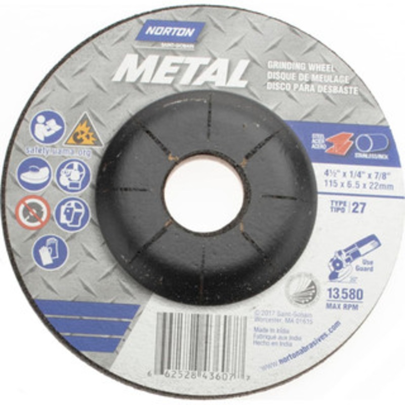 Norton 24 Grit, 4-1/2 Wheel Diam, 1/4 Wheel Thickness, 7/8 Arbor Hole, Type 27 Depressed Center Wheel Aluminum Oxide 66252843607 – 58391814