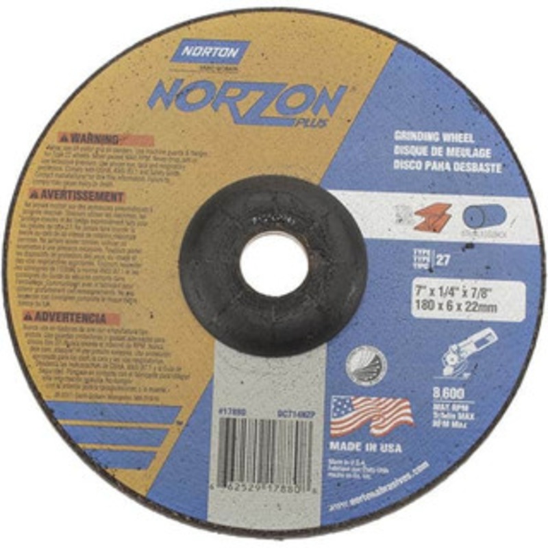 Norton 24 Grit, 7 Wheel Diam, 1/4 Wheel Thickness, 7/8 Arbor Hole, Type 27 Depressed Center Wheel Ceramic, 8,600 Max RPM, Compatible with Angle Grinder 66252917880 – 73846792
