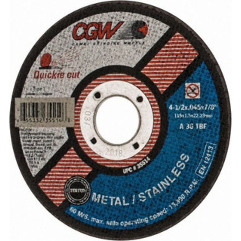 CGW Abrasives 4-1/2 x 0.045, 7/8 Hole 36 Grit Aluminum Oxide Cutoff Wheel Very Coarse, Reinforced, 13,300 Max RPM, Use with Angle Grinders 35514 – 53991758