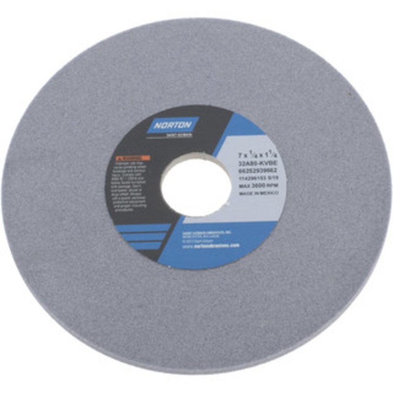Norton 7 Diam x 1-1/4 Hole x 1/4 Thick, K Hardness, 80 Grit Surface Grinding Wheel Aluminum Oxide, Type 1, Medium Grade, 3,600 Max RPM, Vitrified Bond, No Recess 66252939662 – 05949896