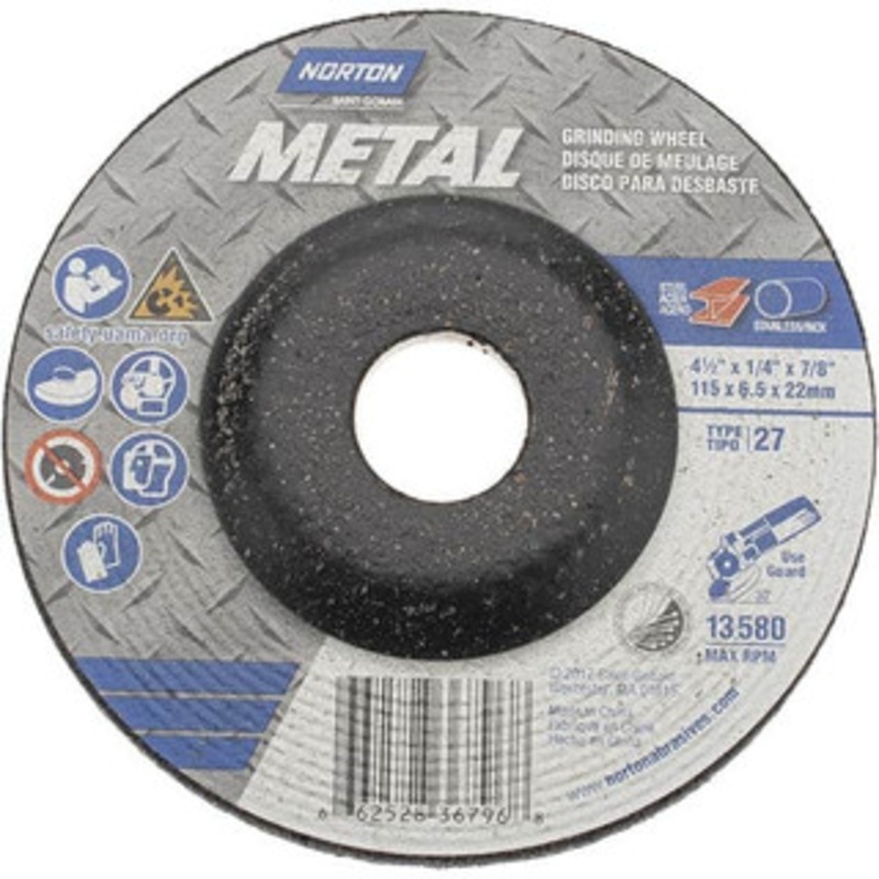 Norton 24 Grit, 4-1/2 Wheel Diam, 7/8 Arbor Hole, Type 27 Depressed Center Wheel Extra Coarse Grade, Aluminum Oxide, Resinoid Bond, 13,580 Max RPM 66252836796 – 51566263