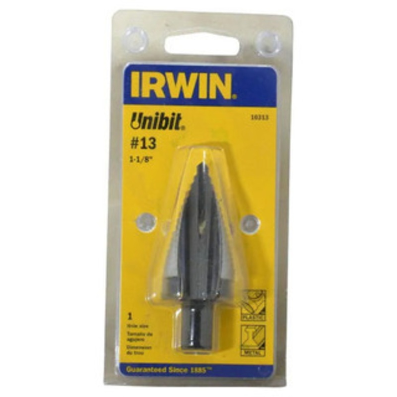 IRWIN Unibit Self-Starting Single Hole Step Drill #10313ZR, 1-1/8 Hole Dia., 7/16 Shank – 54-335-5