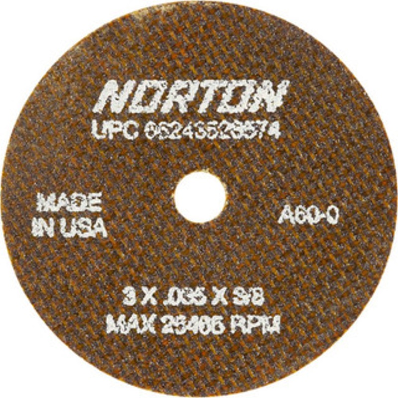 Norton 3 x 0.06, 1/4 Hole 60 Grit Aluminum Oxide Cutoff Wheel Medium Grade, Reinforced, 25,465 Max RPM, Use with Die Grinders 66243528471 – 75864751