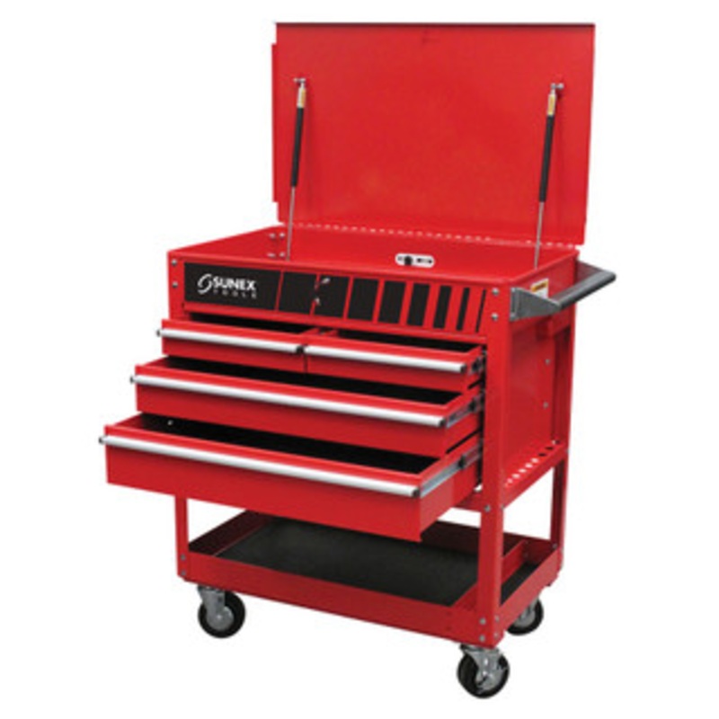 SUNEX 4 Drawer Service Cart with Locking Top, Red – 8054