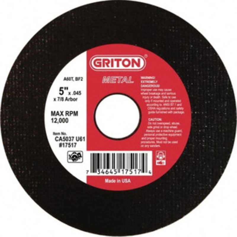 Value Collection 5 x 0.045, 7/8 Hole 60 Grit Aluminum Oxide Cutoff Wheel Medium Grade, Reinforced, 12,224 Max RPM, Use with Angle Grinders CA5037U61 – 01102722