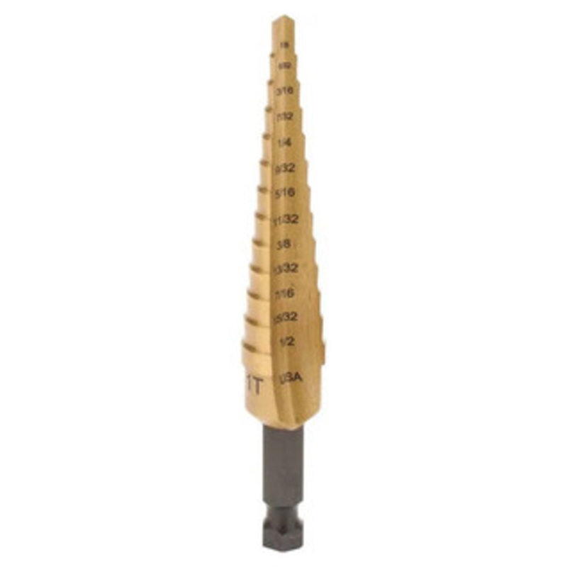 IRWIN Unibit Self-Starting Step Drill #15101ZR, TiN Coated, 13 Hole Sizes, 1/8 to 1/2 Hole Dia. – 54-326-4