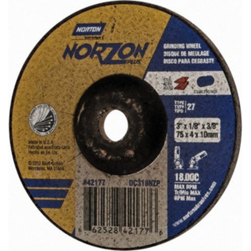Norton 24 Grit, 3 Wheel Diam, 1/8 Wheel Thickness, 3/8 Arbor Hole, Type 27 Depressed Center Wheel Ceramic, 18,000 Max RPM 66252842177 – 58391749