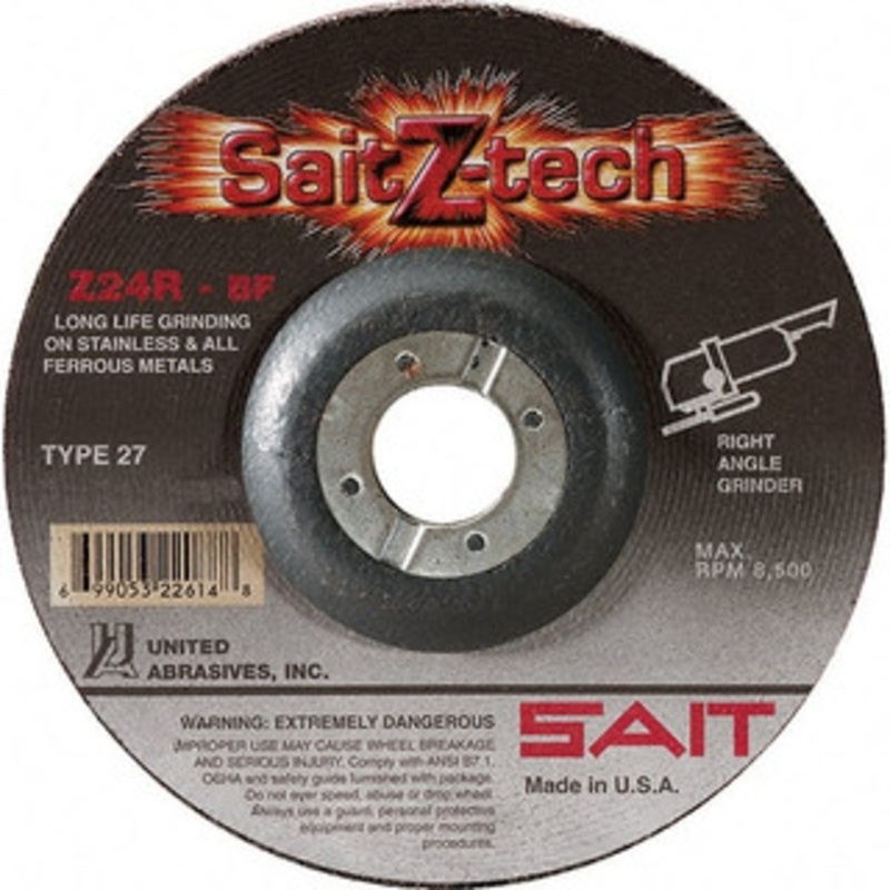 United Abrasives-SAIT 24 Grit, 4-1/2 Wheel Diam, 1/4 Wheel Thickness, 7/8 Arbor Hole, Type 27 Depressed Center Wheel Zirconia Alumina, Resinoid Bond, R Hardness, 13,300 Max RPM, Compatible with Angle Grinder 22600 – 05308747