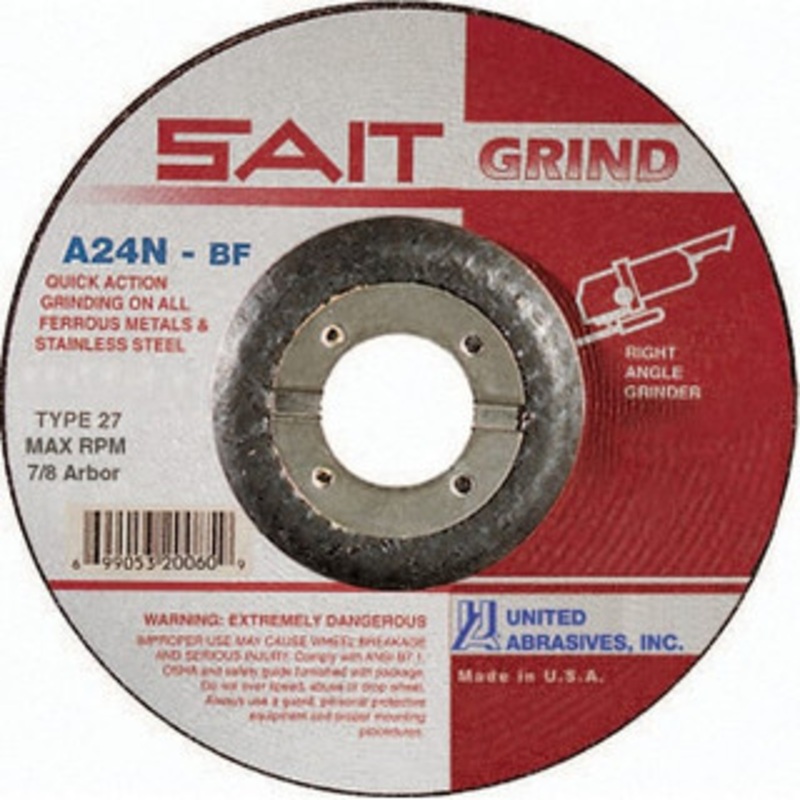 United Abrasives-SAIT 24 Grit, 6 Wheel Diam, 1/4 Wheel Thickness, 7/8 Arbor Hole, Type 27 Depressed Center Wheel Aluminum Oxide, Resinoid Bond, N Hardness, 10,200 Max RPM, Compatible with Angle Grinder 20078 – 89886774