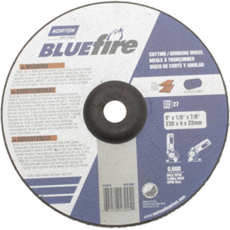 Norton 30 Grit, 9 Wheel Diam, 1/8 Wheel Thickness, 7/8 Arbor Hole, Type 27 Depressed Center Wheel Zirconia Alumina, U Hardness, 6,000 Max RPM, Compatible with Angle Grinder 66252843245 – 59938076