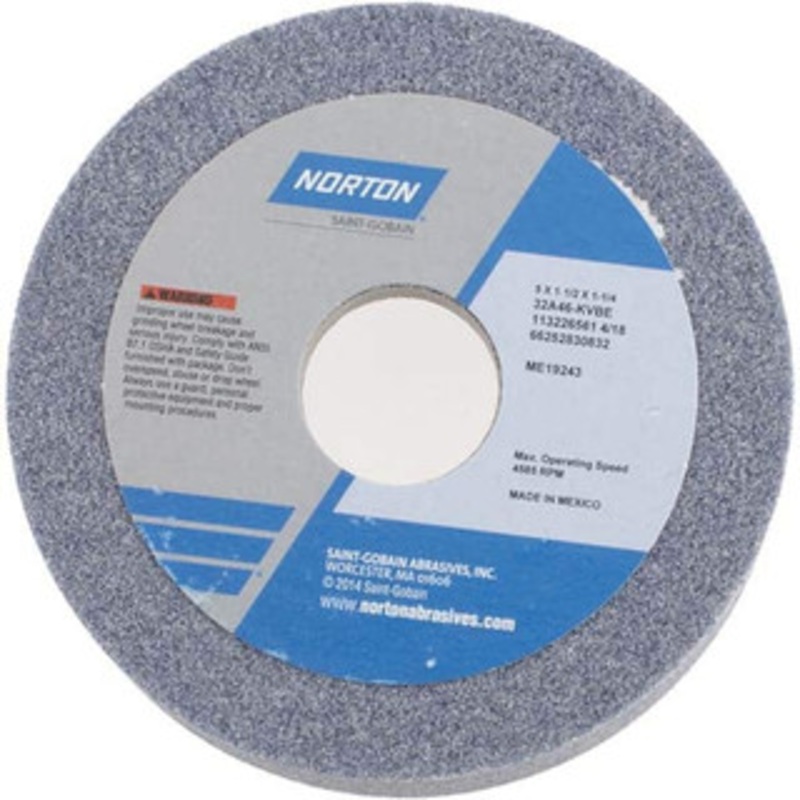 Norton 5 Diam, 1-1/4 Hole Size, 1-1/2 Overall Thickness, 46 Grit, Type 6 Tool & Cutter Grinding Wheel Coarse Grade, Aluminum Oxide, K Hardness, Vitrified Bond, 4,585 RPM 66252830832 – 97004709