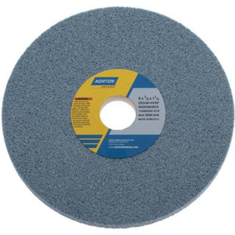 Norton 8 Diam x 1-1/4 Hole x 1/2 Thick, H Hardness, 46 Grit Surface Grinding Wheel Ceramic, Type 1, Coarse Grade, 3,600 Max RPM, Vitrified Bond, No Recess 66253043915 – 00391052