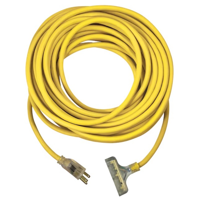 USW 76050 12 gauge Yellow Triple Tap Extension Cords 50-ft 12 / 3 3 Prong Yellow Outdoor SJTW Heavy Duty Lighted Extension Cord | Bigbigmart.com