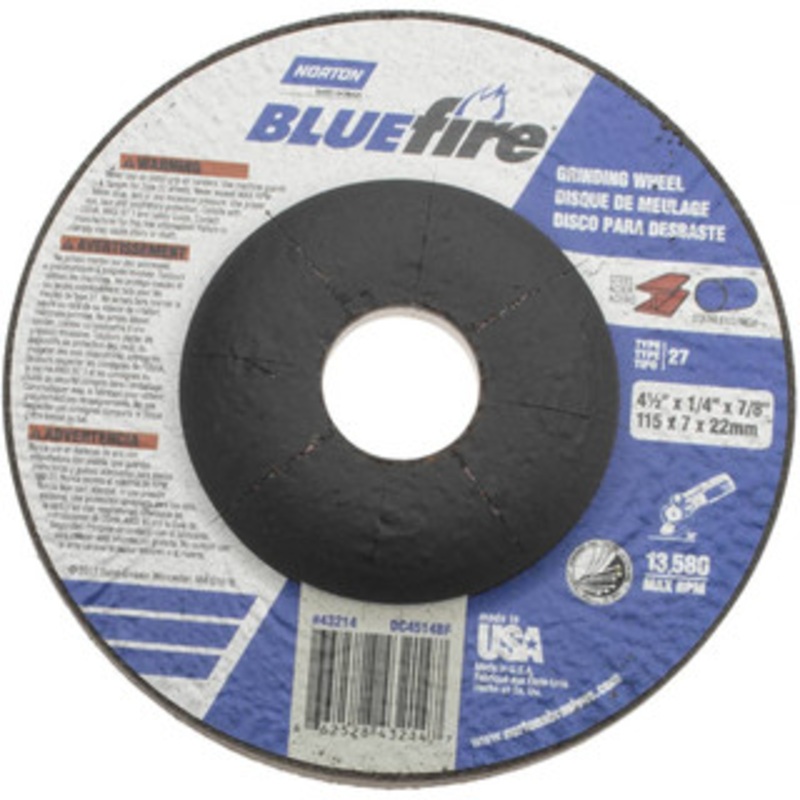 Norton 24 Grit, 4-1/2 Wheel Diam, 1/4 Wheel Thickness, 7/8 Arbor Hole, Type 27 Depressed Center Wheel Zirconia Alumina, S Hardness, 13,580 Max RPM, Compatible with Angle Grinder 66252843214 – 59938316