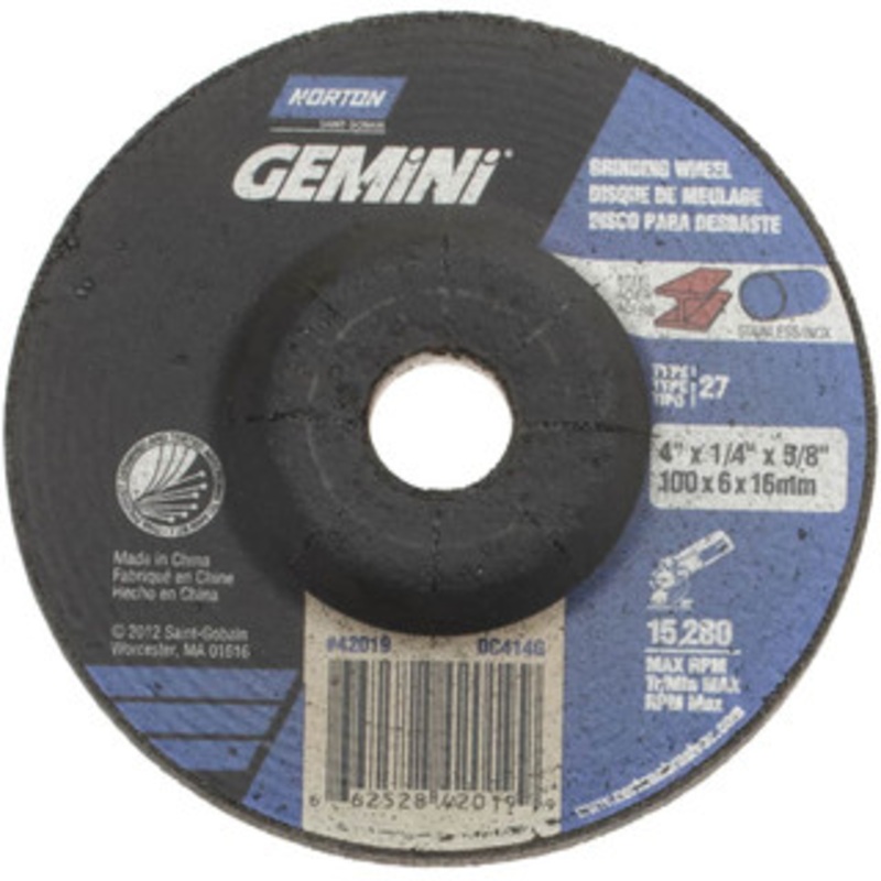 Norton 24 Grit, 4 Wheel Diam, 1/4 Wheel Thickness, 5/8 Arbor Hole, Type 27 Depressed Center Wheel Aluminum Oxide, 15,280 Max RPM 66252842019 – 58392713