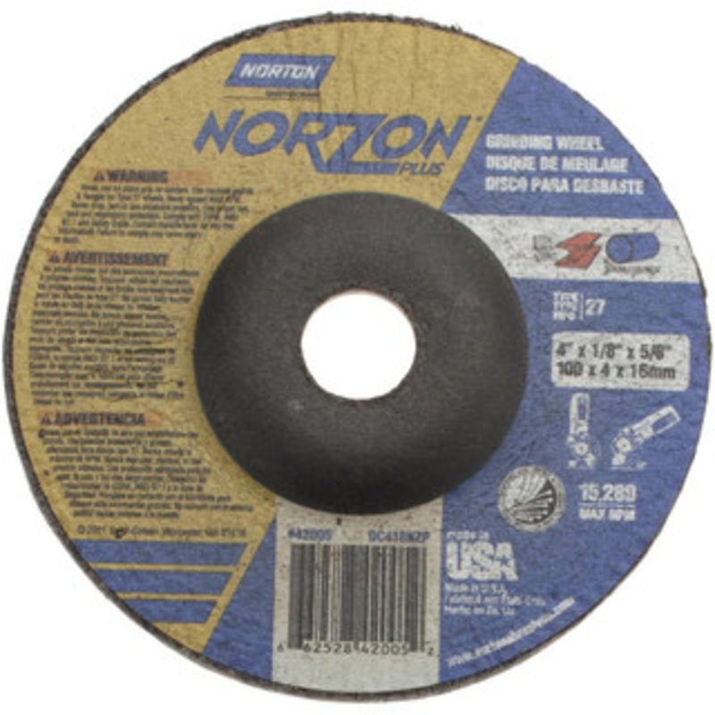 Norton 24 Grit, 4 Wheel Diam, 1/8 Wheel Thickness, 5/8 Arbor Hole, Type 27 Depressed Center Wheel Ceramic, 15,280 Max RPM 66252842005 – 58392614